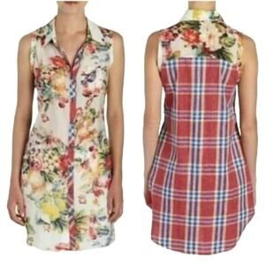 Cyrena Shirt Dress Women Size XL Blue Floral Plaid Sleeveless Beach Resortwear